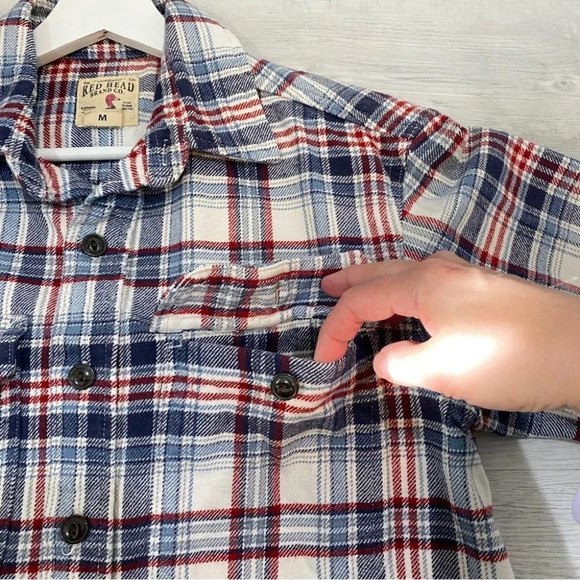 Red Head Mens Flannel Shirt Size M Long Sleeve Button Down beige/ blue/ red - Picture 6 of 13
